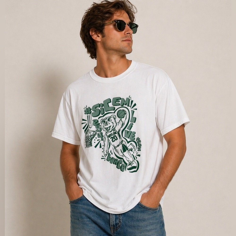 Baylor University White Tee Shirt S/Sleeve Basketball Fan Sic Em 254 Sz XLarge